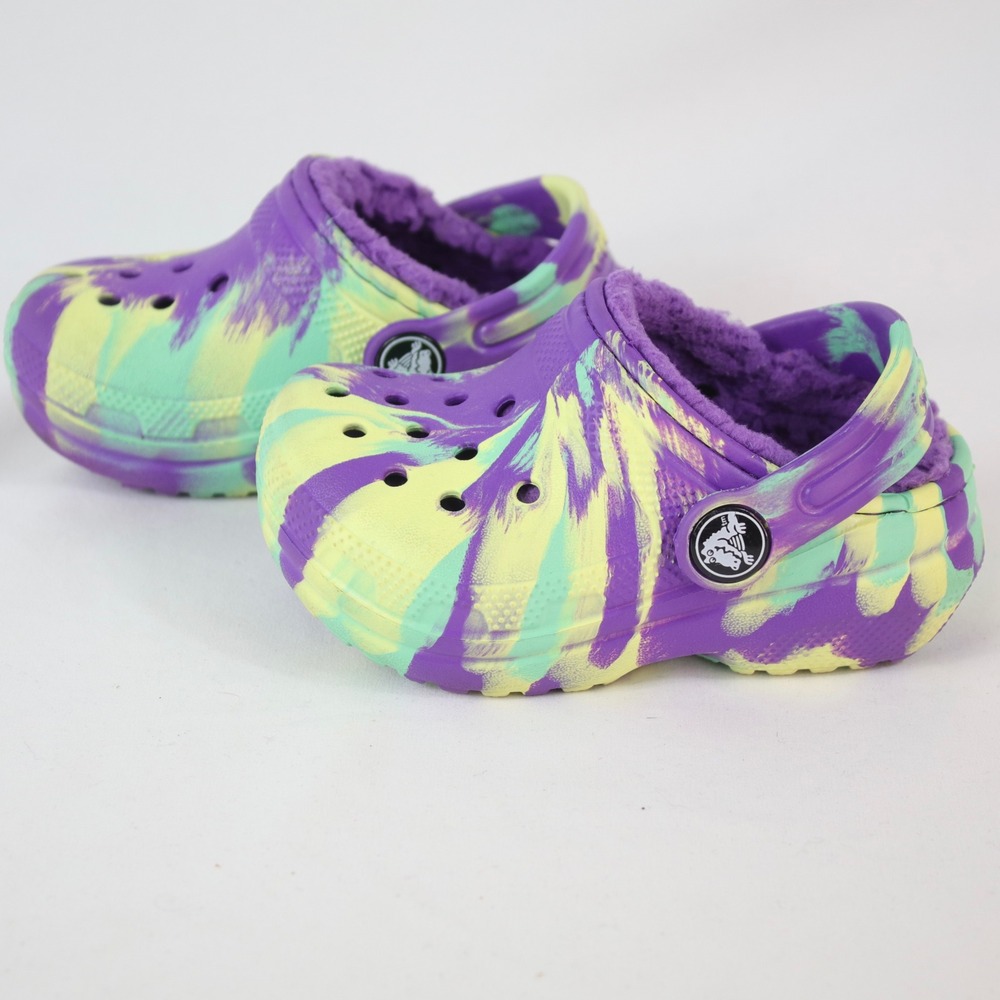 Crocs Kids Classic Lined Clog Purple Lime Green Tie Dye Marble Shoes Size 6